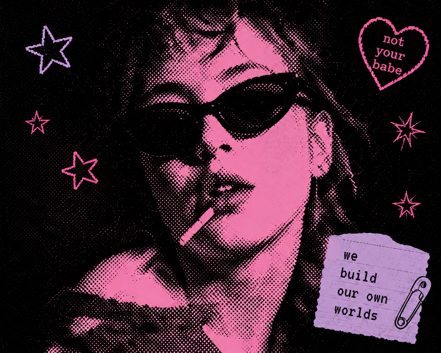 A hot-pink halftone portrait of Angelbaby in dark sunglasses